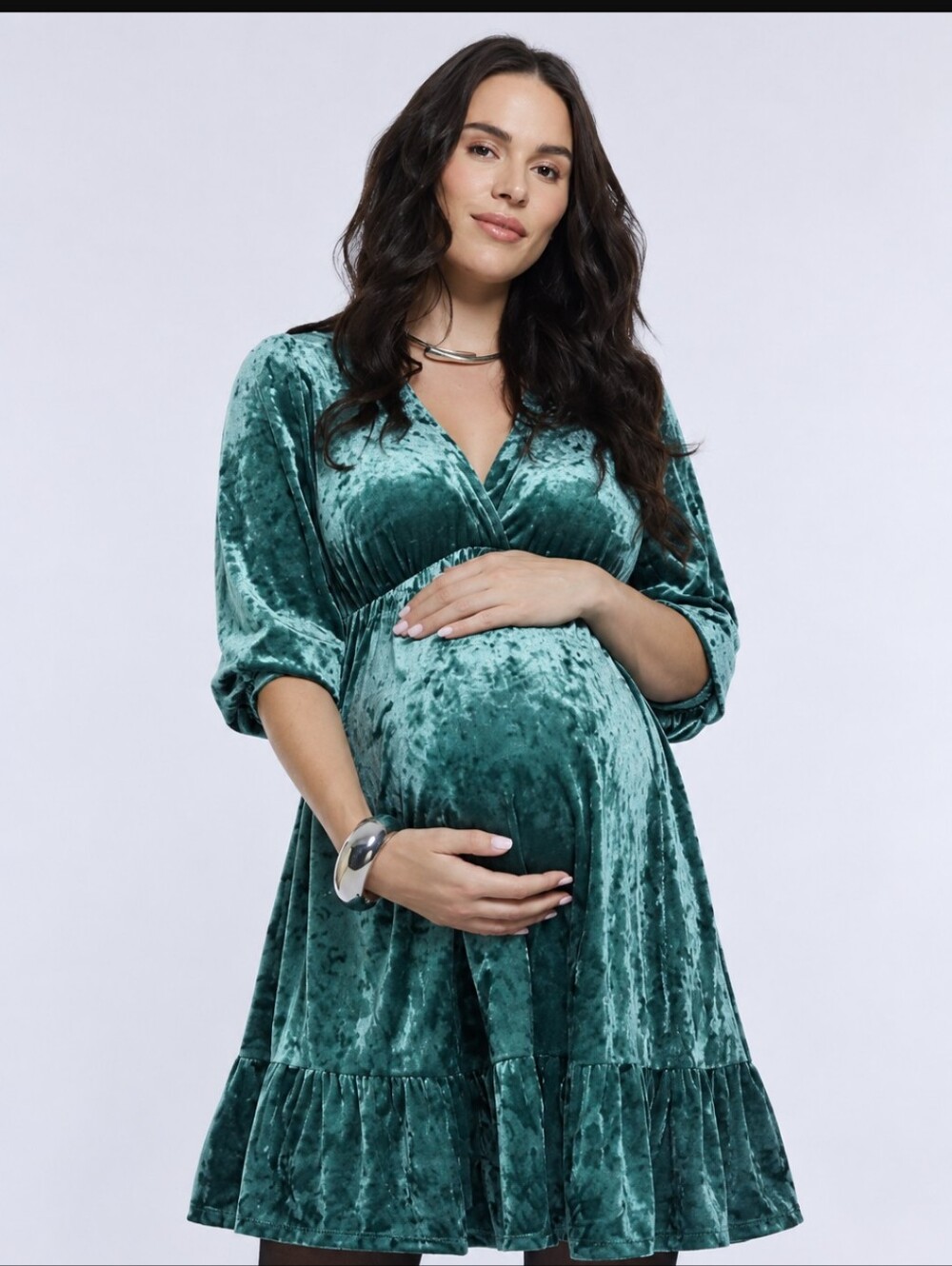 Motherhood Velvet Empire-Waist Maternity Dress in Teal